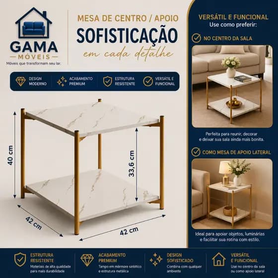 *QUEIMA DE ESTOQUE* Mesa de Centro ou Apoio Lateral Quadrada Para Sala com Pés de Metal Elegante e Moderna - GAMA MÓVEIS