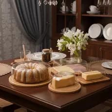 Kit Café da Manhã 5 itens Boleira, Queijeira, Porta Frios, Manteigueira e kit 4 espátulas bambu