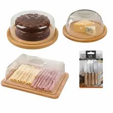 Kit Bambu Café da Manhã 4 itens Boleira, Porta frios,  Queijeira e kit 4 espátulas bambu