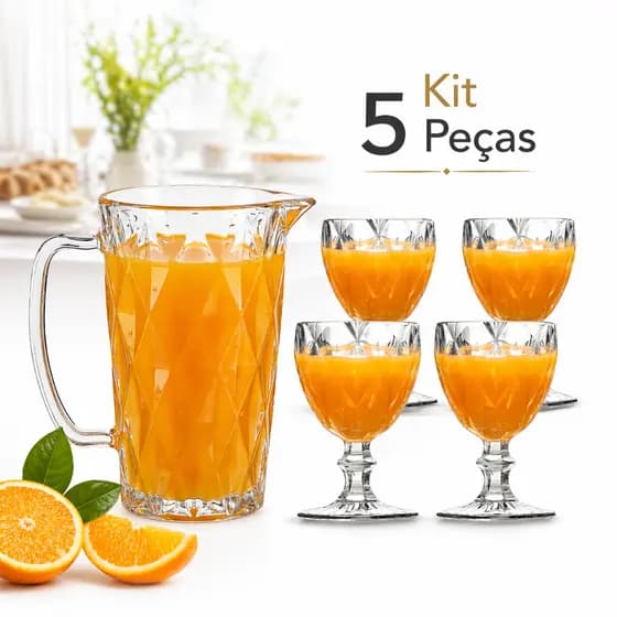 Jarra De Vidro 1l Com 4 Taças Diamond 5 Peças Transparente para Suco Água Drinks
