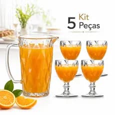 Jarra De Vidro 1l Com 4 Taças Diamond 5 Peças Transparente para Suco Água Drinks
