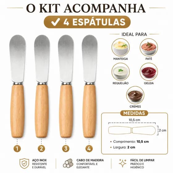 Espátula para Manteiga e Geleia Cabo de Madeira – Kit 4/8/12 Peças