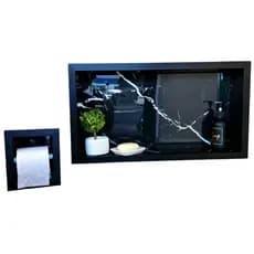 Kit Nicho de Porcelanato 60x30cm + Porta Papel Higiênico com Suporte  | Banheiro: PRETO.