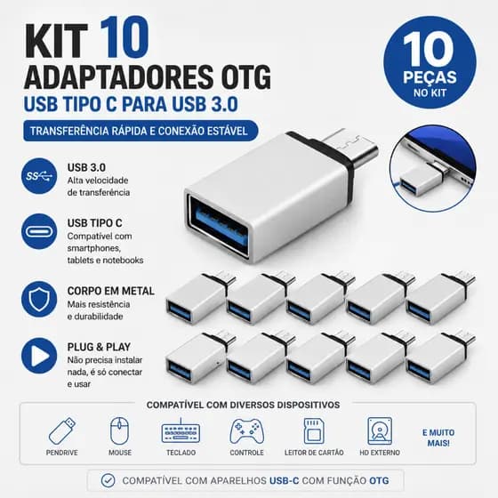 Kit 10 Conversor OTG USB-C para USB 3.0 Metal Premium Transferência Rápida