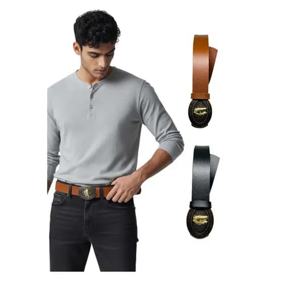 Kit2 Cinto Masculino Social Couro Sintético Cowboy Plus Size Casual Fivela Ouro Velho - João