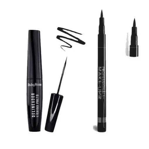 KIT2 Delineador Líquido Preto Ruby Rose + Caneta Delineadora Professional Ruby Rose