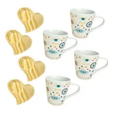 Kit 4 Xicaras Olho Grego Porcelana  Pires De Madeira Pinus
