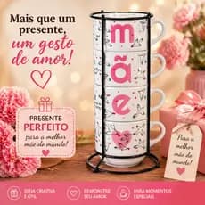 Presente Dia das Mães Kit 4 Xícaras com Suporte | Ideia Criativa Café da Manhã Especial para Mãe