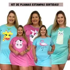 Camisola Plus Size Kit com 2 unidades Meia manga em Malha Estampas Sortidas (48/50/52/54/56)