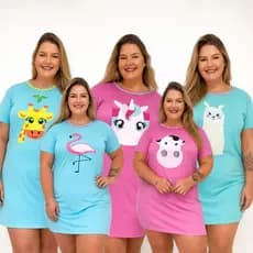 Camisola Plus Size Kit com 3 unidades Manga Curta em Malha Premium Camisolão Estampas Sortidas