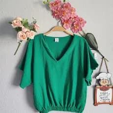 Blusa crepe duna feminina elastico na cintura gola V moda feminina de verão, solto