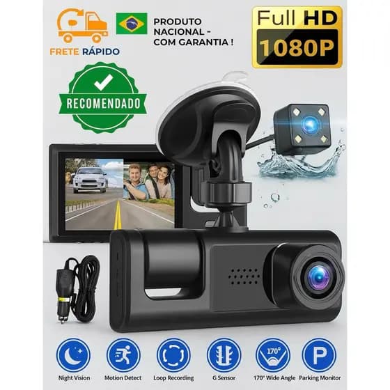 Câmera Veicular 3 Lentes Full HD – Frontal, Interna e Traseira com Visão Noturna + camera de Ré.