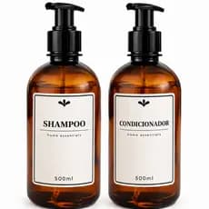 Kit 2 Frascos Shampoo e Condicionador 500ml PET Âmbar com Válvula Pump | Dispenser para Banheiro