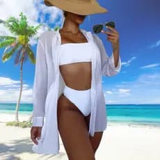 Kimono Saída de Praia Piscina Feminino Curto Camisa Manga Longa Blusão Banho Simples Sem Botão Estilo Leve Verão
