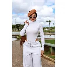 conjunto feminino manga longa con body calça con bolso tecido ana ruga