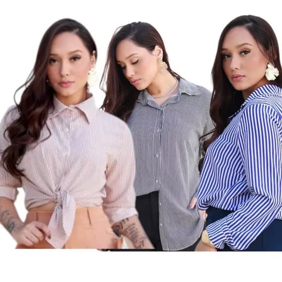 CAMISA SOCIAL FEMENINA MANGA LONGA SLIM LISA E LISTRADA PRA CUALQUER OCACION-CONFORTAVEL E ESTILOSA