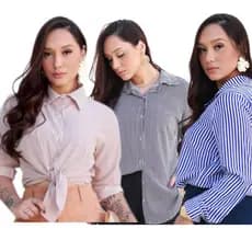 CAMISA SOCIAL FEMENINA MANGA LONGA SLIM LISA E LISTRADA PRA CUALQUER OCACION-CONFORTAVEL E ESTILOSA