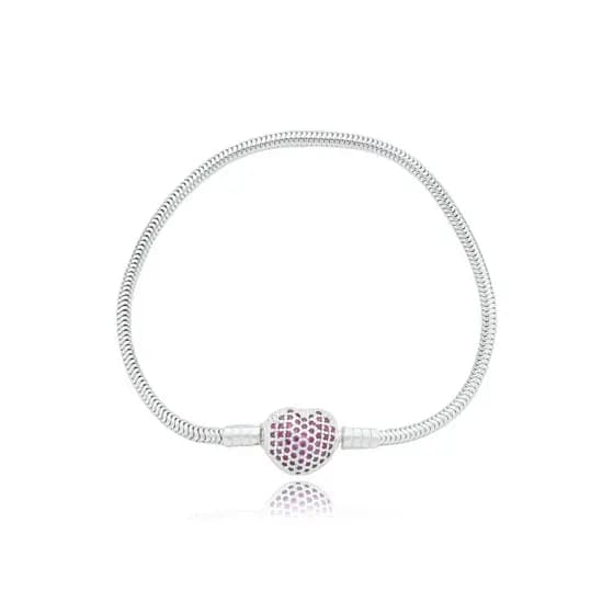 Pulseira de Berloques / charm com fecho em Coração cravejado de zircônias na cor rubi prata 925 legítima
