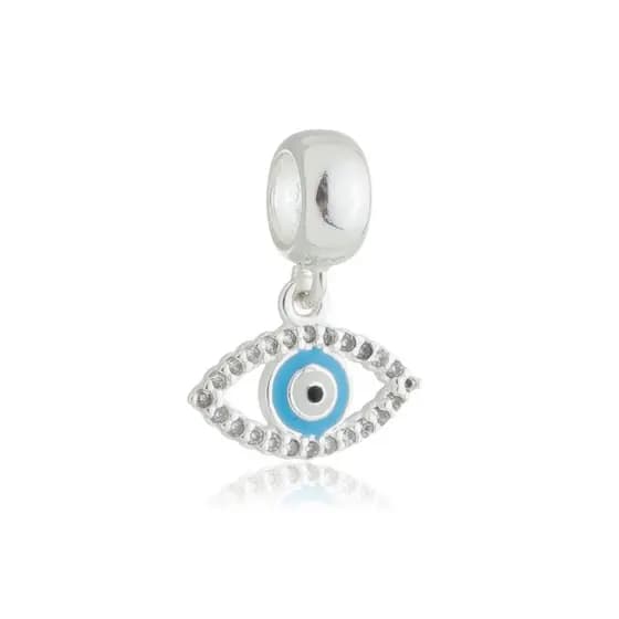 Berloque Olho Grego azul cravejado de zircônias na cor cristal em prata 925 legítima