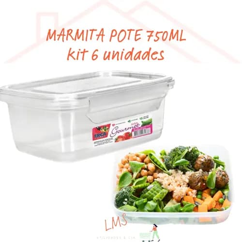 Kit 6  Marmitas Fitnes 750ML  freezer microondas potes plástico reutilizável  tampa com trava livre bpa