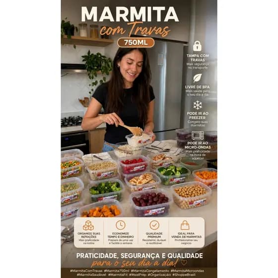 Kit 5 Marmitas 750ml com Tampa Hermética | Pote Freezer Microondas Empilhável Sem Vazamento kit 4 unidades
