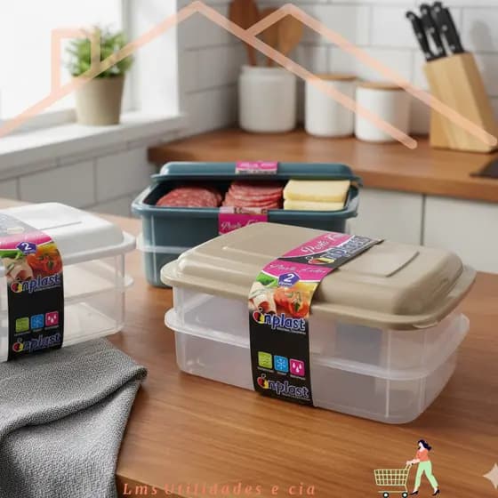 Porta Frios Duplo Com Tampa Divisória Organizador De Geladeira Queijo Presunto Plástico Livre BPA