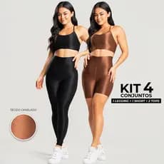 Kit 4 Peças Fitness Feminino –Trilobal Canelado Brilhoso Top+Legging Cós Alto Academia Look Completo