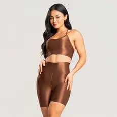 Conjunto Fitness Feminino Canelado –Top+ Short Cós Alto Modelador Brilhoso Premium Academia e Treino