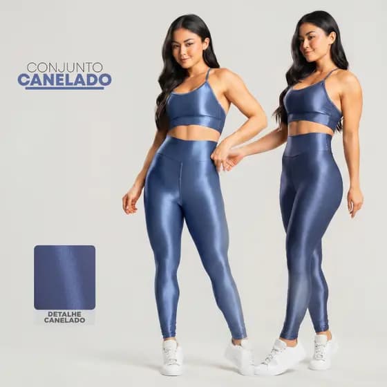 Conjunto Fitness Feminino Trilobal Canelado Brilhoso– Top Alcinha+Legging Cós Alto Modelador Premium