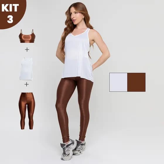 Conjunto Top Fitness Canelado Brilhoso E Legging Brilhoso Canelado + Regata Dry Feminino