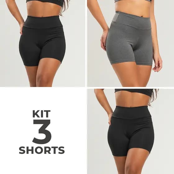 Kit 3 Shorts Fitness Feminino Compressão – Básico Cós Alto Modelador Confortável Academia e Treino