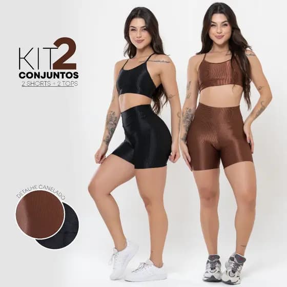 Kit 2 Conjuntos Fitness Feminino Canelado Brilhoso – Top + Short Cós Alto Modelador Premium