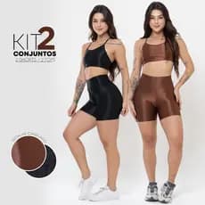 Kit 2 Conjuntos Fitness Feminino Canelado Brilhoso – Top + Short Cós Alto Modelador Premium