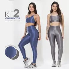 Kit 2 Conjuntos Fitness Feminino Trilobal Brilhoso Canelado–Top + Legging Cós Alto Modelador Premium