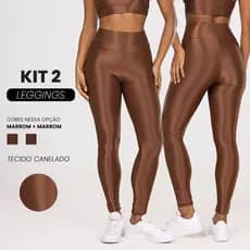 Kit 2 Calças Legging Compressão Fitness Feminina – Trilobal Canelado Brilhoso Cós Alto Modelador