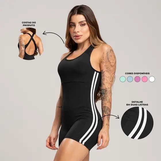 Macaquinho Fitness Sustentação Feminino Cruzado nas Costas Compressão – Listras Laterais Confortável