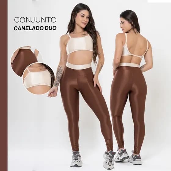 Conjunto Fitness Feminino Trilobal Canelado Brilhoso – Top Costas Abertas + Legging Modeladora Cós