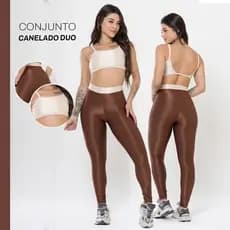 Conjunto Fitness Feminino Trilobal Canelado Brilhoso – Top Costas Abertas + Legging Modeladora Cós