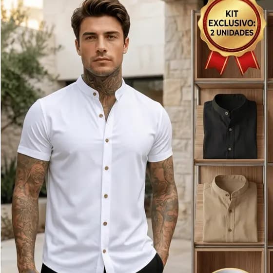 Kit 2 Camisa Gola Padre Manga Curta Masculina Social Verão Trabalho Casual Leve Secagem Rapida