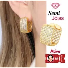 Brinco Argola Retangular Cravejado De Zircônias Banhado A Ouro 18k
