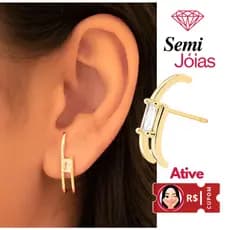 Brinco Ear Hook com Cristal Retangular Banhado a Ouro 18k Semijoia