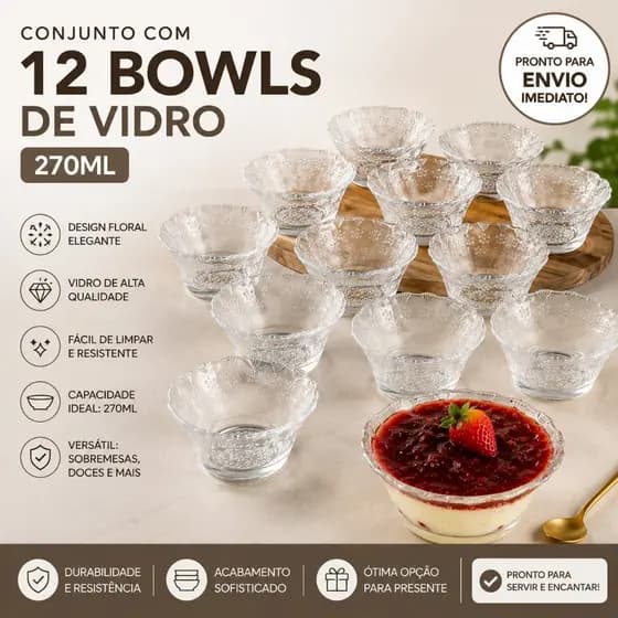 Kit 12 Bowls de Vidro Tigela Sobremesa 270ml Sorvete Casa Prático