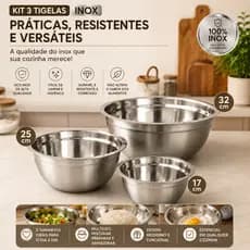 Kit 3 Bowls Tigelas INOX Cozinha Comidas Receita Saladeira 32 25 17cm