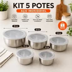 Kit 5 Potes Aço Inoxidável Premium Conjunto Marmita Pote