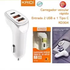 Carregador Veicular 3 Entradas 1 Tipo C PD e 2 USB QC 38W Turbo Kaidi KD-304 ANATEL