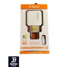 Kit carregador rapido 3.1 tipo c para celular android ou iphone A gold 2 saidas USB