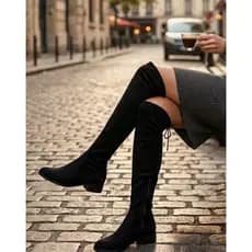 Bota Montaria Feminina Cano Longo Camurça Abaixo Joelho De Cadarço Bico Fino