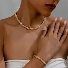 Conjunto de 2 peças, colar de ouro feminino, conjunto de joias com colar e pulseira, corrente torcida, corrente de osso