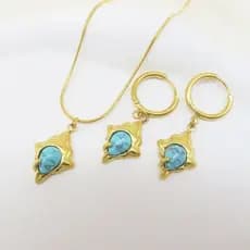 Conjunto de colar com pingente e brincos de pedra natural colorida, ouro 18k, sensação de alta qualidade.