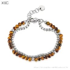 Pulseira de aço inoxidável com pedra olho de tigre, pulseira de pedra natural, dupla camada, unissex.